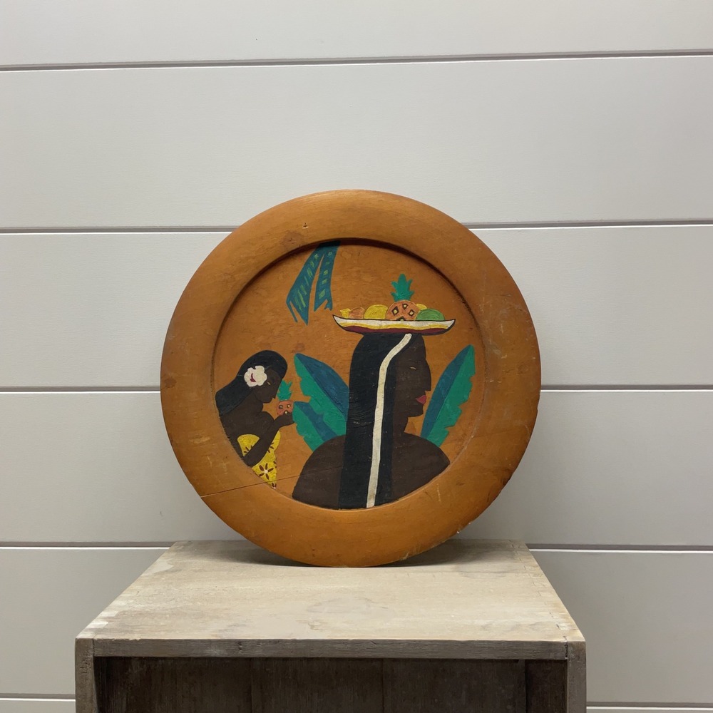 Vintage Hand Painted Wood Plate Tropical Island Folk Art Wall Decor 10 Inch